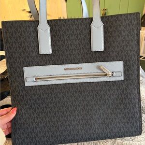 Michael Kors Brown MK Logo Messenger Tote with White Trim